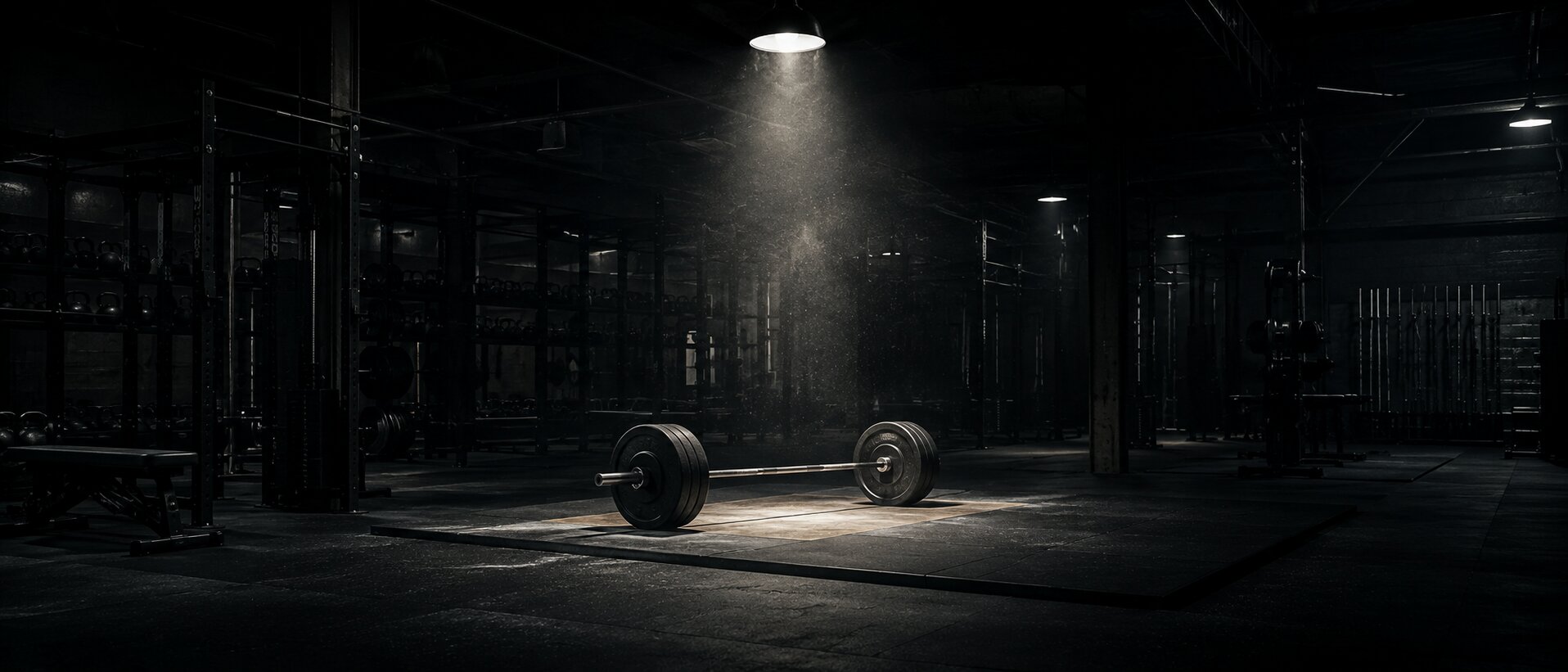 Donkere gym met spotlicht op een barbell-platform