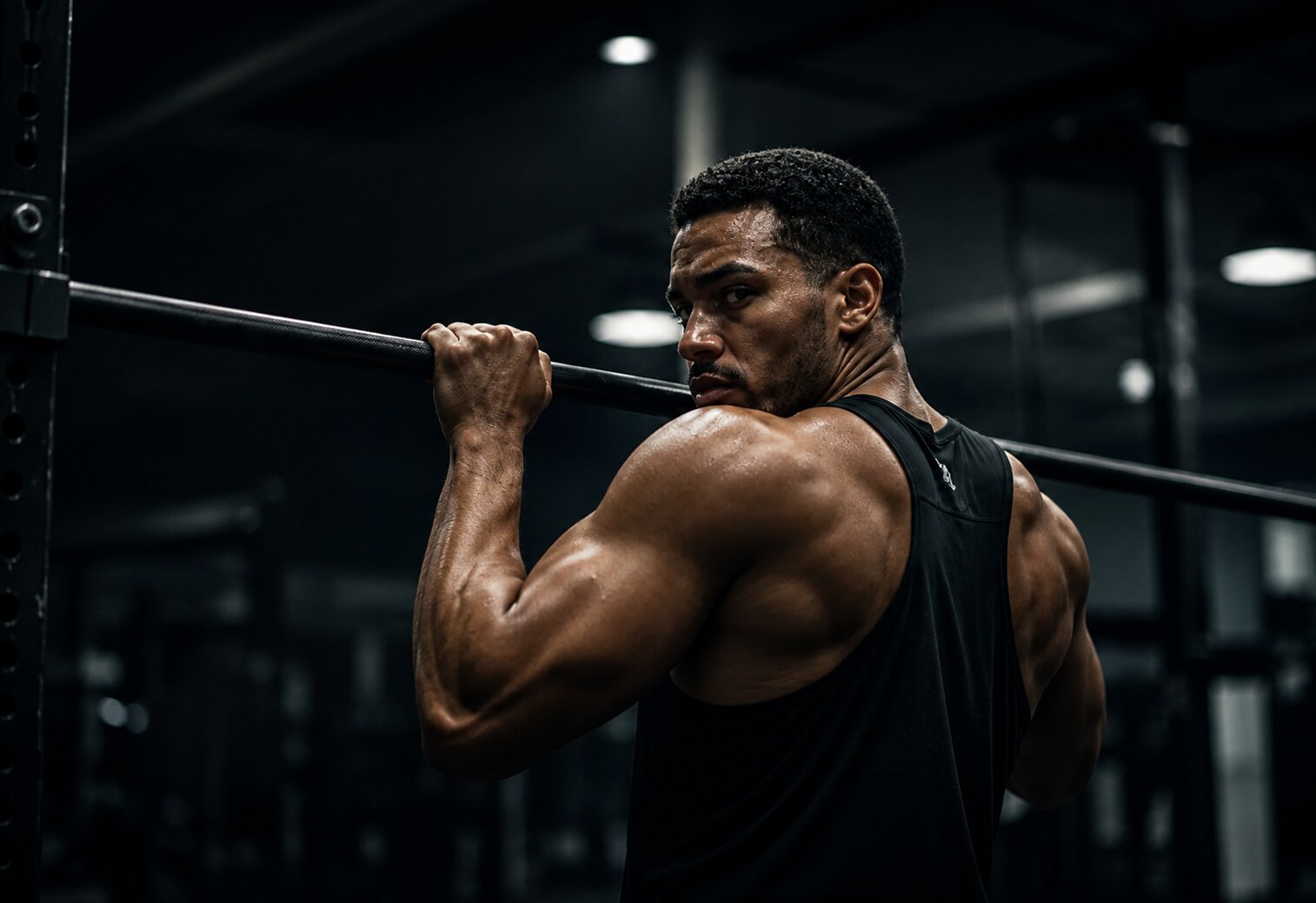 Atleet met barbell op de schouders in een donkere gym