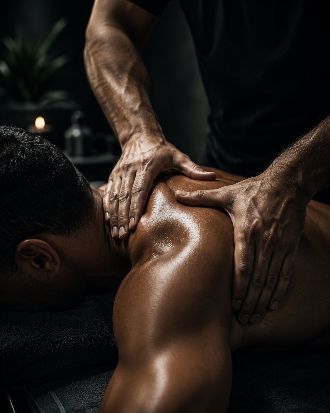 Sportmassage op de schouder van een atleet